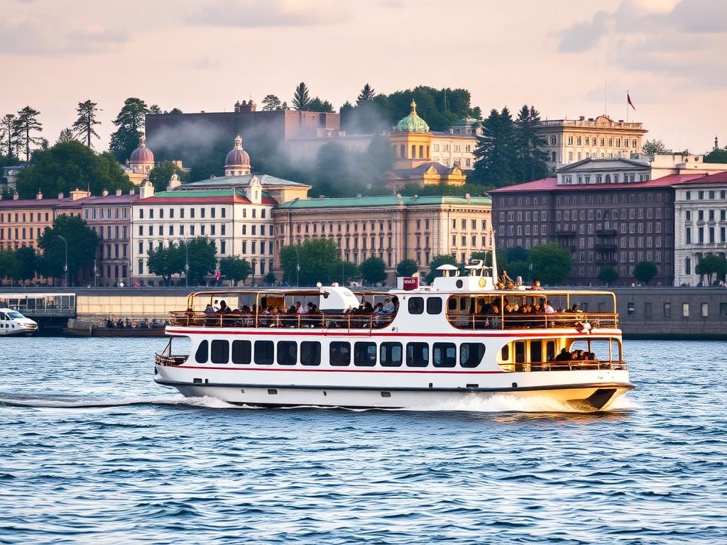 small passenger ship along the Neva River in Saint Petersburgфото